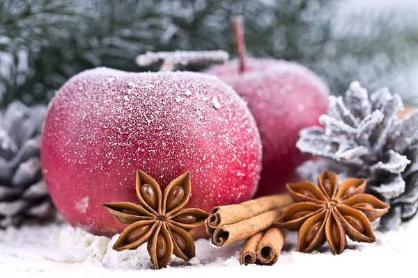 Manzanas rojas y conos en la nieve — Foto de Stock