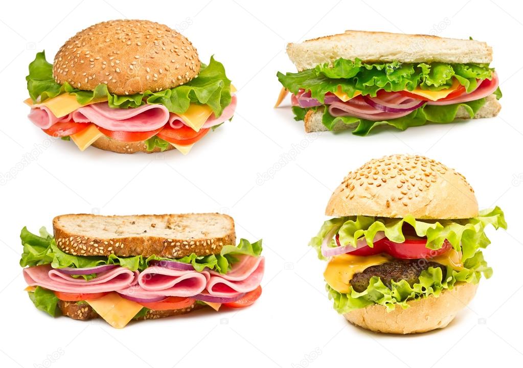 Collage of sandwiches isolated on a white background