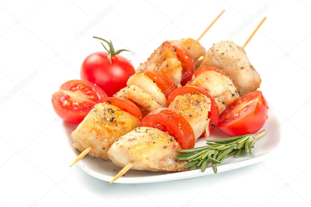 Chicken pieces grilled on skewers