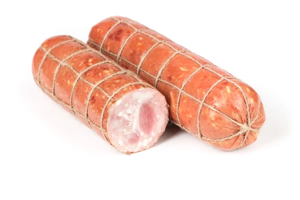 Smoked sausage, tied with thread — Stock Photo, Image