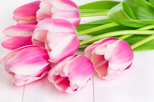 Tulipes en fleurs sur bois blanc — Photo