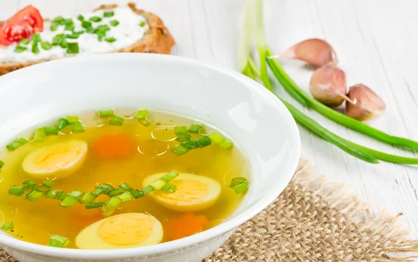 Hot soup with boiled egg — Stock Photo, Image