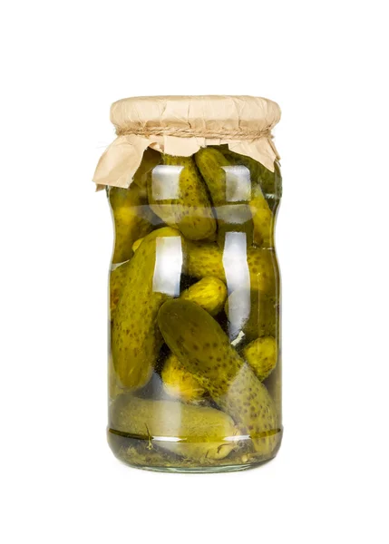 Pickled cucumbers in glass jar — Stock Photo, Image