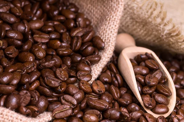 Chicchi di caffè torrefatto in iuta sacco . — Foto Stock