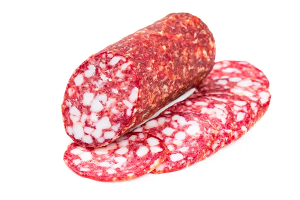 Worst salami met dunne plakjes Stockafbeelding