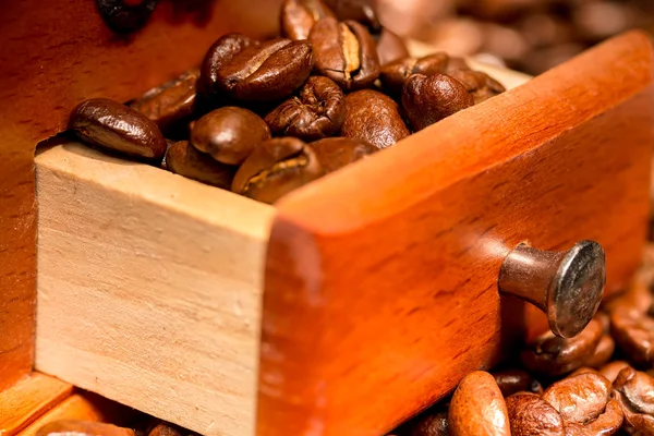 Roasted coffee in drawer of mill — Stock Photo, Image