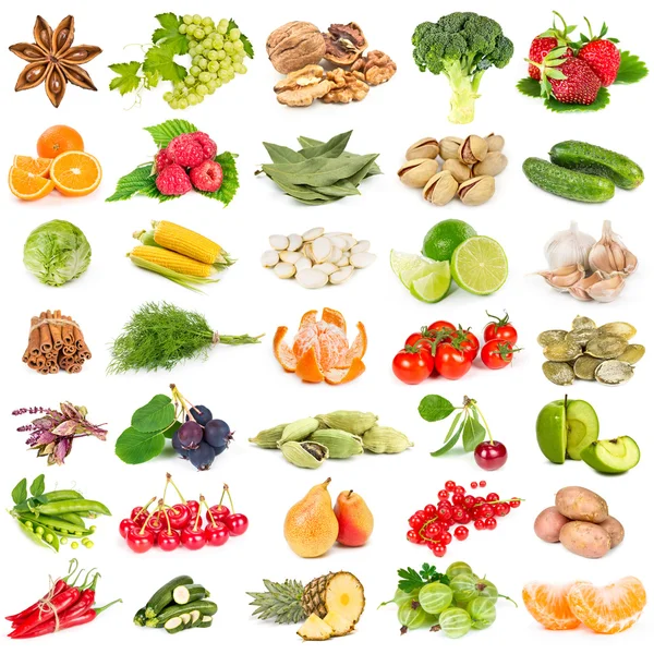 Uppsättning av frukt, grönsaker, kryddor och nötter — Stockfoto