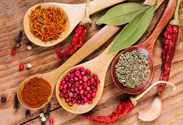 Different spices in the spoons — Stock Photo, Image