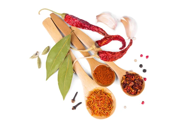 Spices in wooden spoons — Stock Photo, Image