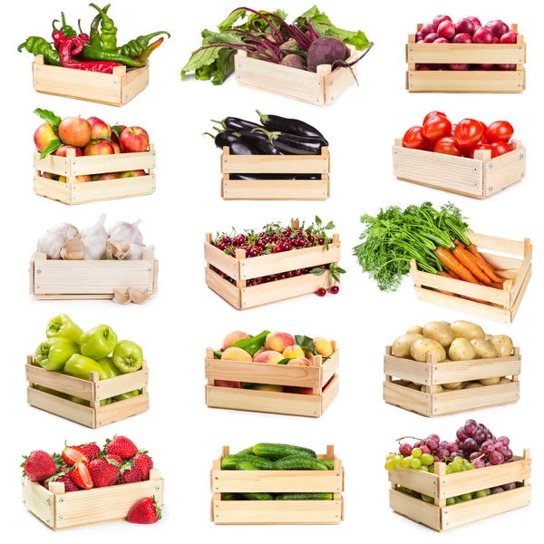 Set of wooden boxes with vegetables, fruits and berries — Stock Image Set of wooden boxes with vegetables, fruits and berries Stock Photo