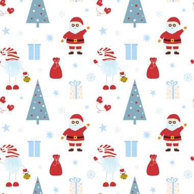 Noel Baba 'nın, hediyelerin, Noel ağacının, İskandinav cücesinin ve kar tanelerinin olduğu kusursuz bir şablon. Kumaş, ambalaj kağıdı, yapıştırma kitabı, tekstil, poster, afiş ve diğer Noel tasarımları için kullanılabilir. Düz biçim.