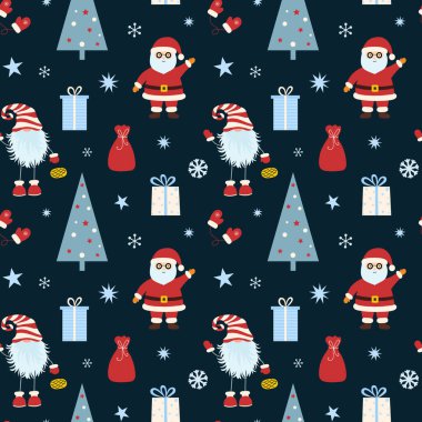 Noel Baba 'nın, hediyelerin, Noel ağacının, İskandinav cücesinin ve kar tanelerinin olduğu kusursuz bir şablon. Kumaş, ambalaj kağıdı, yapıştırma kitabı, tekstil, poster, afiş ve diğer Noel tasarımları için kullanılabilir. Düz biçim.