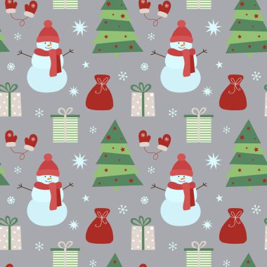 Kardan adam, hediyeler, Noel ağacı ve kar taneleriyle kusursuz bir Noel deseni. Kumaş, ambalaj kağıdı, yapıştırma kitabı, tekstil, poster, afiş ve diğer Noel tasarımları için kullanılabilir. Düz biçim.