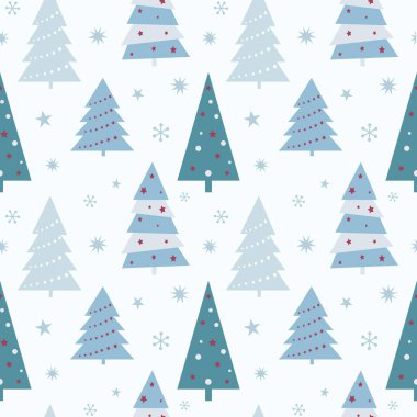 Noel ağacı ve kar taneleriyle kusursuz bir Noel deseni. Kumaş, ambalaj kağıdı, yapıştırma kitabı, tekstil, poster, afiş ve diğer Noel tasarımları için kullanılabilir. Düz biçim.