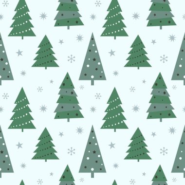 Noel ağacı ve kar taneleriyle kusursuz bir Noel deseni. Kumaş, ambalaj kağıdı, yapıştırma kitabı, tekstil, poster, afiş ve diğer Noel tasarımları için kullanılabilir. Düz biçim.