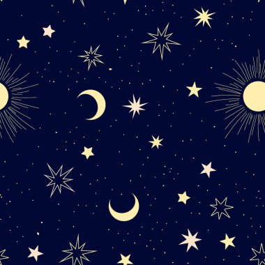 Mavi arka planda yıldızlı, aylı ve güneşli kusursuz desen. Kumaş, ambalaj kağıdı, yapıştırma kitabı, tekstil, poster, afiş ve diğer noel tasarımları için kullanılabilir.