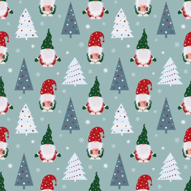 İskandinav cüceleri, Noel Baba ve kar taneleriyle kusursuz bir Noel deseni. Kumaş, ambalaj kağıdı, yapıştırma kitabı, tekstil, poster, afiş ve diğer Noel tasarımları için kullanılabilir. Düz biçim.