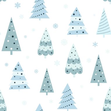 Noel ağacı ve kar taneleriyle kusursuz bir Noel deseni. Kumaş, ambalaj kağıdı, yapıştırma kitabı, tekstil, poster, afiş ve diğer Noel tasarımları için kullanılabilir. Düz biçim.