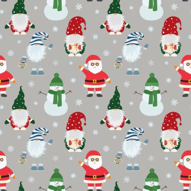 İskandinav cüceleri, Noel Baba ve kar taneleriyle kusursuz bir Noel deseni. Kumaş, ambalaj kağıdı, yapıştırma kitabı, tekstil, poster, afiş ve diğer Noel tasarımları için kullanılabilir. Düz biçim.