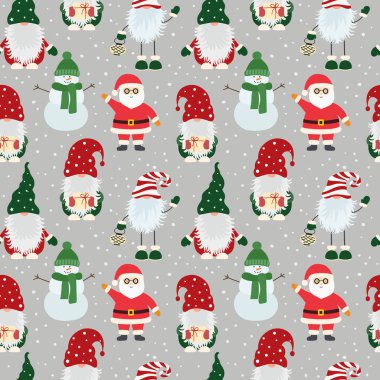 İskandinav cüceleri, Noel Baba ve kar taneleriyle kusursuz bir Noel deseni. Kumaş, ambalaj kağıdı, yapıştırma kitabı, tekstil, poster, afiş ve diğer Noel tasarımları için kullanılabilir. Düz biçim.