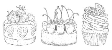 Çilekli ve kirazlı kek, böğürtlenli kek ve peynirli kek..  