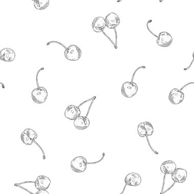 Kirazlı, pürüzsüz desen. Beyaz arka planda böğürtlenlerin ana taslak çizimi. Yazdırma, tekstil, boyama, ambalaj kağıdı ve yaz dekorasyonu için kullanılabilir.