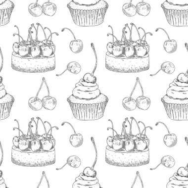Elle çizilmiş cheesecake ve kirazlı cupcake ile vektör kusursuz desen. Beyaz arkaplanda tatlı tasviri. Yazdırma, tekstil, boyama, ambalaj kağıdı ve tatlı fırın menüsü için kullanılabilir.