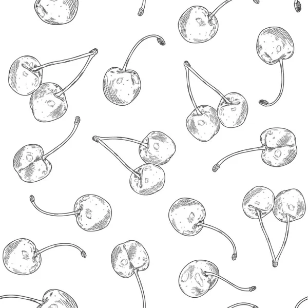 Kirazlı, pürüzsüz desen. Beyaz arka planda böğürtlenlerin ana taslak çizimi. Yazdırma, tekstil, boyama, ambalaj kağıdı ve yaz dekorasyonu için kullanılabilir.