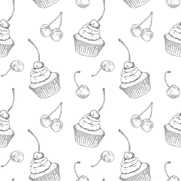 Modèle Vectoriel Sans Couture Avec Gâteau Fromage Dessiné Main Cupcake — Image vectorielle