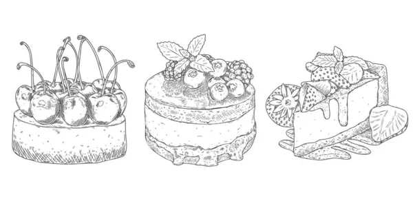 Set Dari Tiga Gambar Tangan Sketsa Cheesecake Yang Berbeda Dengan - Stok Vektor
