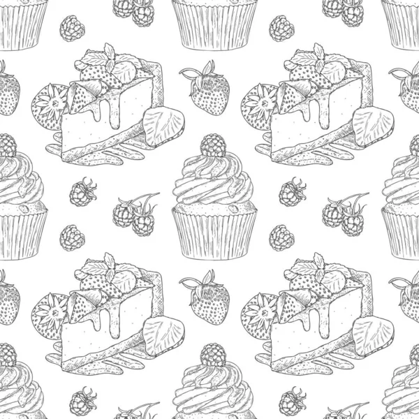 Pola Vektor Mulus Dengan Gambar Tangan Cheesecake Dan Cupcake Dengan - Stok Vektor