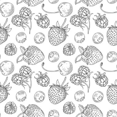 Kiraz, çilek, ahududu ve yaban mersinli vektörsüz şablon. Böğürtlenlerin ana hatlı vektör çizimi. Yazdırma, tekstil, ambalaj kağıdı ve yaz dekorasyonu için kullanılabilir.