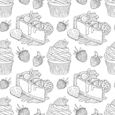 Elle çizilmiş cheesecake ve çilekli cupcake ile vektörsüz desen. Yazdırma, tekstil, ambalaj kağıdı ve tatlı fırın menüsü için kullanılabilir.