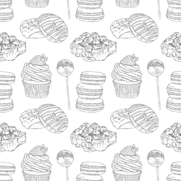 Modèle Vectoriel Sans Couture Avec Contour Dessiné Main Différents Desserts — Image vectorielle