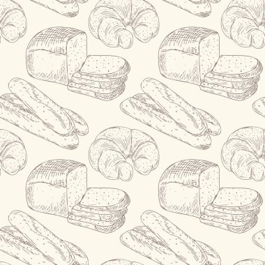 Elle çizilmiş farklı ekmeklerle vektörsüz desen. Yazdırma, tekstil, ambalaj kağıdı ve tatlı fırın menüsü için kullanılabilir.