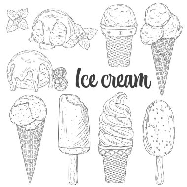 El çizimleri, beyaz arka planda izole edilmiş farklı dondurmalar..