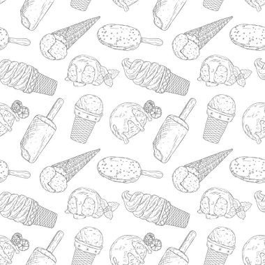 Elle çizilmiş farklı dondurma hatlarıyla vektör kusursuz desen. Yazdırma, tekstil, ambalaj kağıdı ve tatlı menüsü için kullanılabilir.