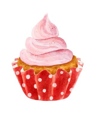 Kırmızı kağıt bardakta suluboya lezzetli kek ve beyaz arka planda beyaz bezelyeler. Menü, kafe, reklam vesaire için el çizimi illüstrasyonuName.