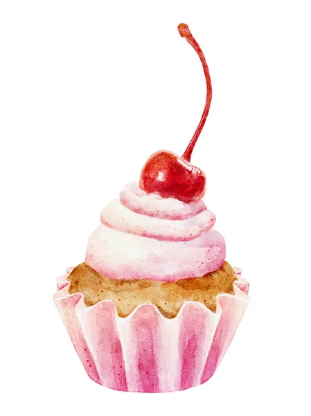 水色鲜美的纸杯蛋糕 樱桃与白色背景隔离 手绘菜单 咖啡店 广告等设计图解 — 图库照片
