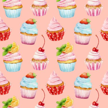 Pembe arka planda izole edilmiş suluboya keklerle kusursuz desen. El çizimi suluboya çizimi. Paket kağıdı, tekstil, duvar kağıdı, kart ve tatlı fırın menüsü için kullanılabilir.