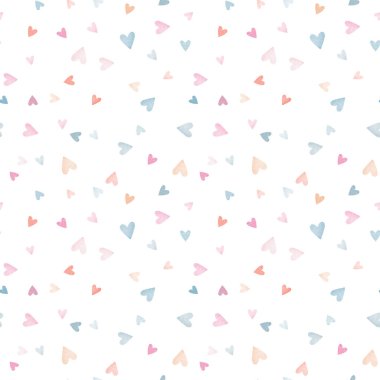 Beyaz arka planda izole edilmiş kalpleri olan kusursuz bir suluboya deseni. El çizimi suluboya çizimi. Paket kağıdı, tekstil, duvar kağıdı, kart vs. için kullanılabilir.