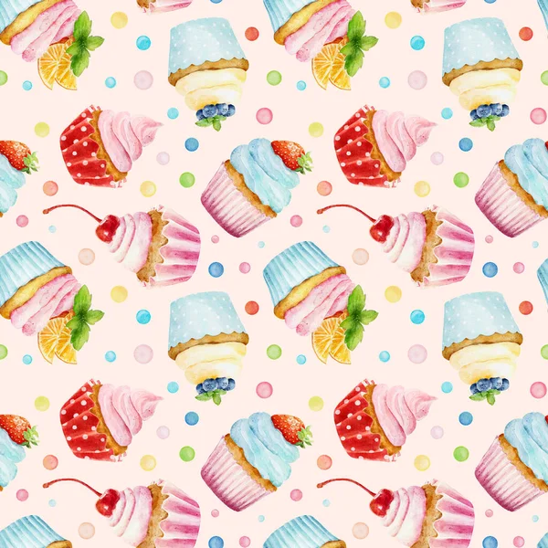 无缝图案与水彩杯蛋糕分离的粉红色背景 手绘水彩画 可用于包装纸 纺织品 甜食烘焙菜单等 — 图库照片