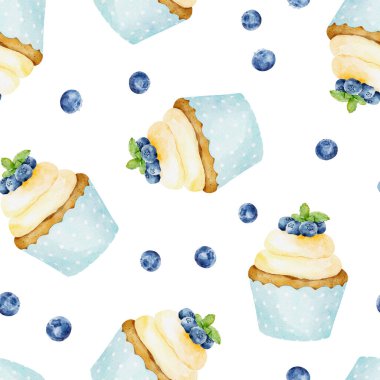 Beyaz arka planda suluboya kek ve taze yaban mersini izole edilmiş kusursuz desen. El çizimi suluboya çizimi. Tekstil, ambalaj kağıdı, tasarım hurda defteri, davetiye ve diğer şeyler için kullanılabilir..