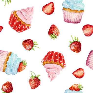 Beyaz arka planda suluboya kek ve taze çilekli kusursuz desen. El çizimi suluboya çizimi. Tekstil, ambalaj kağıdı, tasarım hurda defteri, davetiye ve diğer şeyler için kullanılabilir..