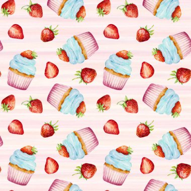 Kusursuz desenli suluboya kek ve pembe arka planda taze çilek. El çizimi suluboya çizimi. Tekstil, ambalaj kağıdı, tasarım hurda defteri, davetiye ve diğer şeyler için kullanılabilir.