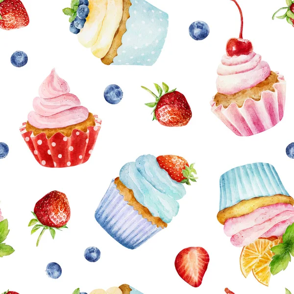无缝图案与水彩杯蛋糕 新鲜蓝莓和草莓分离的白色背景 手绘水彩画 可用于纺织品 包装纸 设计废纸 邀请函等 — 图库照片