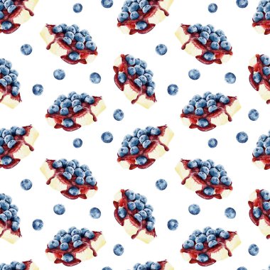 Beyaz arka planda suluboya peynirli kek ve yaban mersini izole edilmiş kusursuz desen. El çizimi suluboya çizimi.  