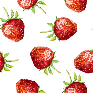 Beyaz arka planda izole edilmiş suluboya çilekli kusursuz desen. El çizimi suluboya çizimi. Tekstil, ambalaj kağıdı, tasarım hurda defteri, davetiye ve diğer şeyler için kullanılabilir..