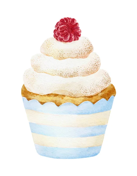 Akvarell Läckra Cupcake Med Hallon Isolerad Vit Bakgrund Handritad Illustration — Stockfoto