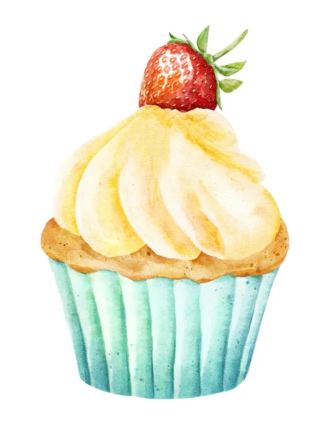 带有草莓的水色美味的杯形蛋糕 背景为白色 手绘菜单 咖啡店等设计图解 — 图库照片